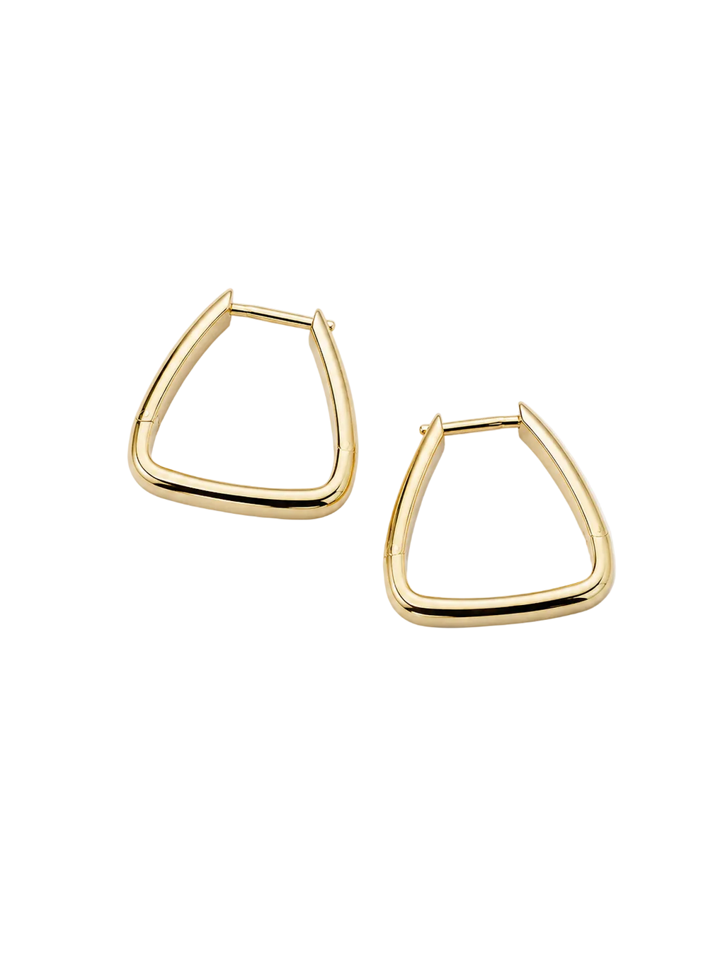 A pair of gold-toned geometric hoop earrings with a thick, rounded triangular shape, displayed on a clean white background.