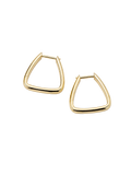 A pair of gold-toned geometric hoop earrings with a thick, rounded triangular shape, displayed on a clean white background.