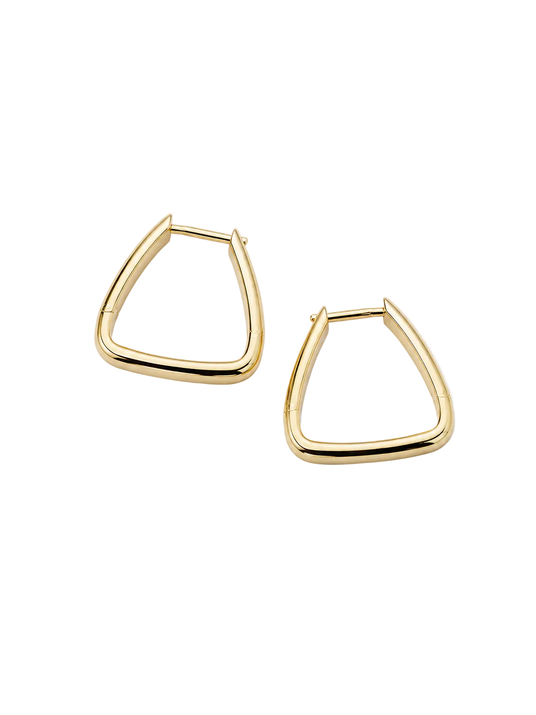 A pair of gold-toned geometric hoop earrings with a thick, rounded triangular shape, displayed on a clean white background.