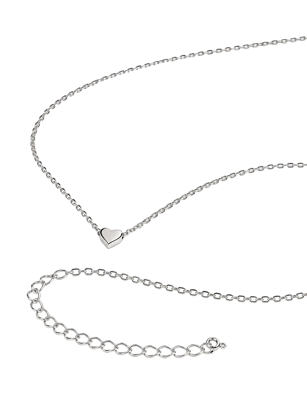 A silver chain necklace with a small heart-shaped pendant, displayed on a clean white background with an adjustable link extension chain shown below.