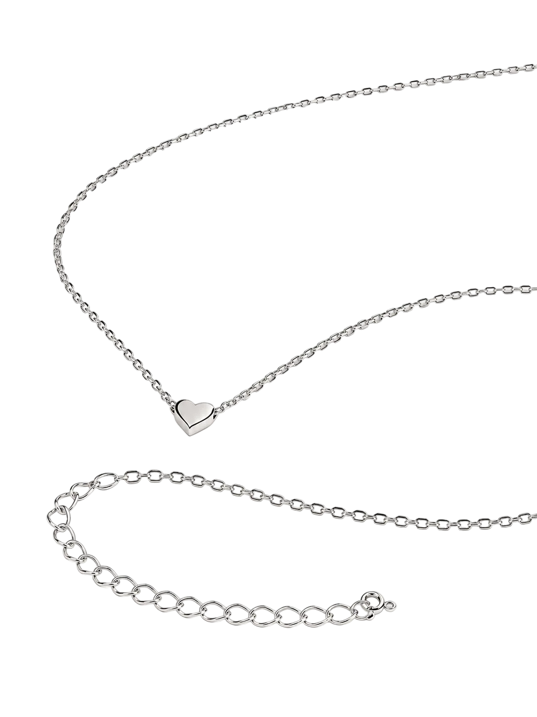 A silver chain necklace with a small heart-shaped pendant, displayed on a clean white background with an adjustable link extension chain shown below.