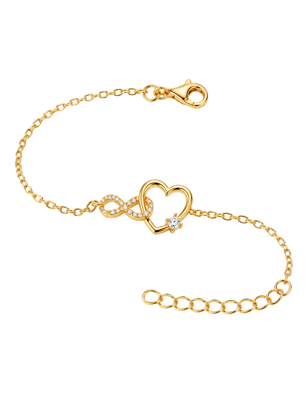 A delicate gold chain bracelet featuring a central open heart charm, a small infinity symbol, and a clear rhinestone accent, displayed on a clean white background.