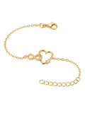 A delicate gold chain bracelet featuring a central open heart charm, a small infinity symbol, and a clear rhinestone accent, displayed on a clean white background.
