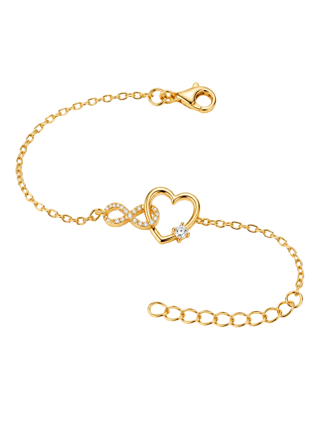 A delicate gold chain bracelet featuring a central open heart charm, a small infinity symbol, and a clear rhinestone accent, displayed on a clean white background.