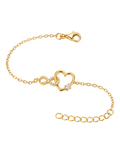 A delicate gold chain bracelet featuring a central open heart charm, a small infinity symbol, and a clear rhinestone accent, displayed on a clean white background.
