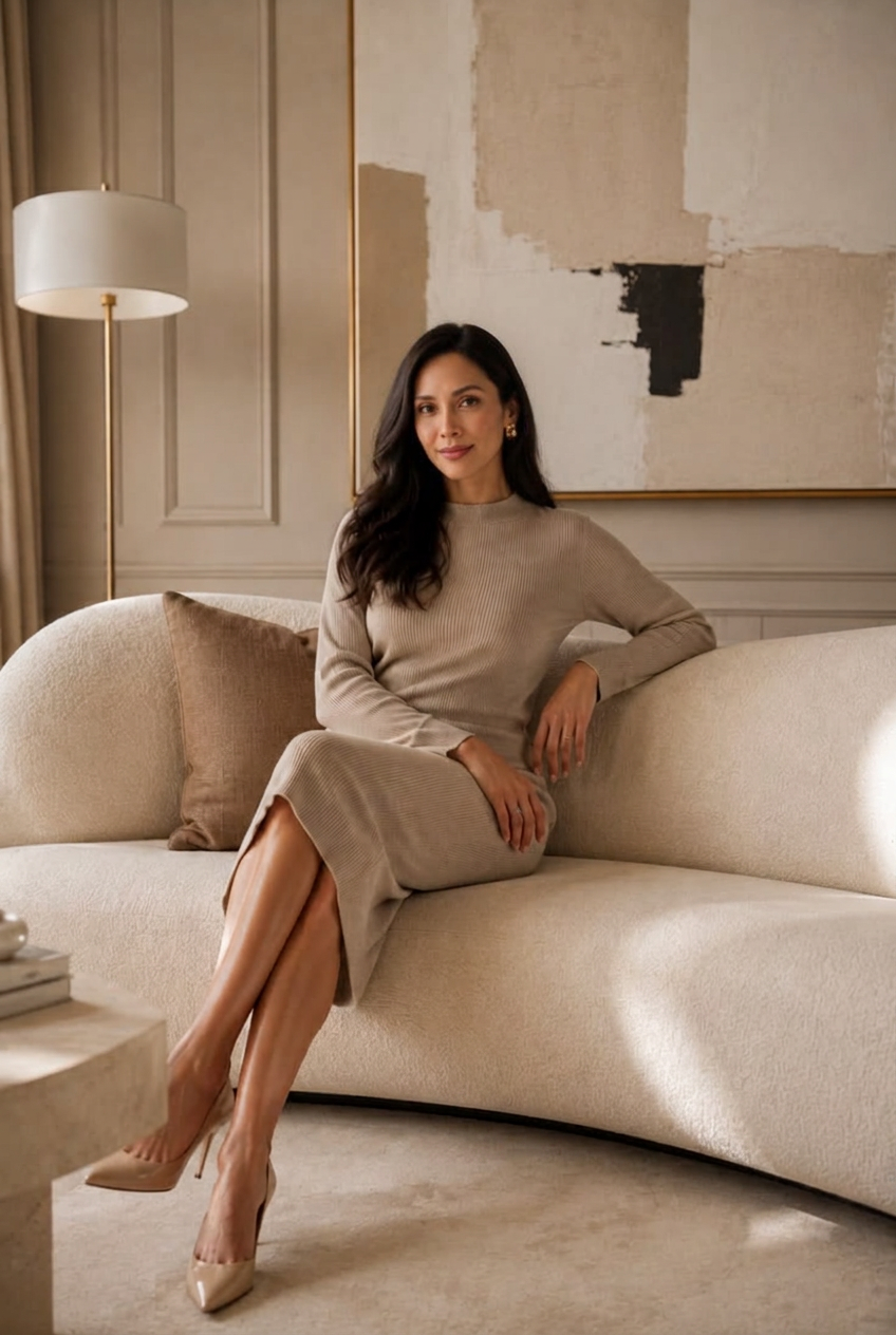 Sia’s portrait composited into the beige-dress sofa scene
